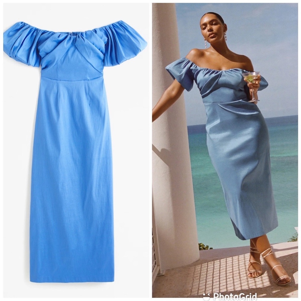 Abercrombie & Fitch Light Blue Off-Shoulder Midi Dress